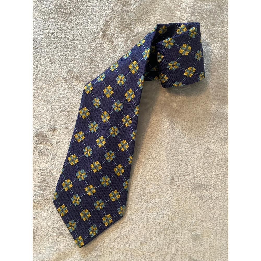 Ermenegildo Zegna‎ Tie Navy Blue Gold Silk Geometric Disegno Esclusivo Italy